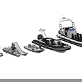 Wooden Boat Display with Various Inflatable and Motor Models in White Black Colors