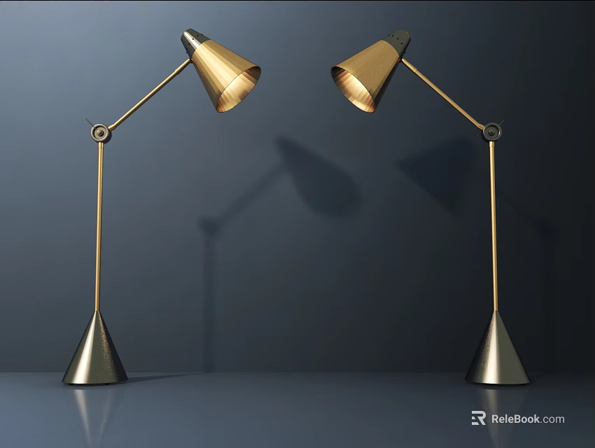 Modern Gold Table Lamps With Adjustable Arms Conical Bases And Dark Background Reflections 3d model 