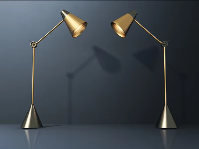 Modern Gold Table Lamps With Adjustable Arms Conical Bases And Dark Background Reflections 3d model