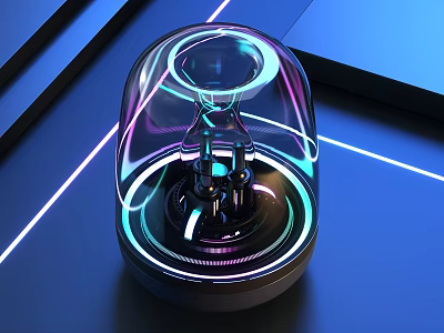 Modern Transparent Hemispherical Headphone Speaker with Black Base Blue Purple Lighting and Sleek Tech Design 3d model