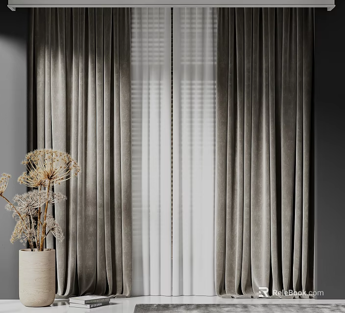 Gray Velvet Curtains With Sheer Panels And Dried Flowers In Vase For Cozy Interior 3d model 