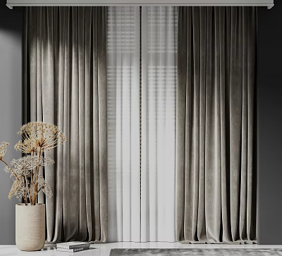 Gray Velvet Curtains With Sheer Panels And Dried Flowers In Vase For Cozy Interior 3d model