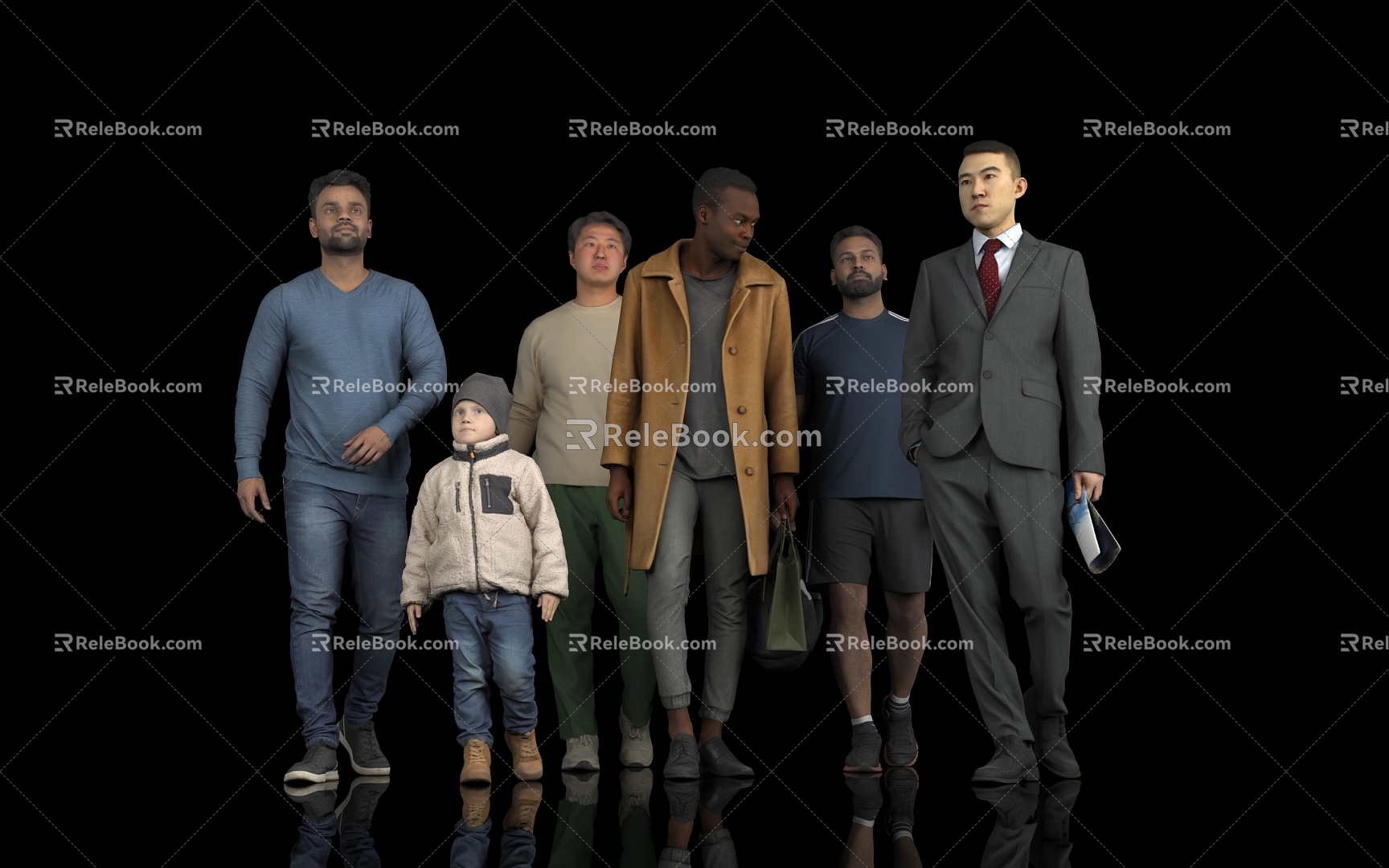 Men Black Children Boys Multi-crowd Foreigners Asian Suit Men Walking Pedestrians City Atmosphere Display Model 3d model