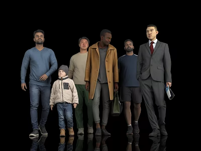 Group of Diverse Men Walking Together With a Child in Casual and Formal Outfits 3d model