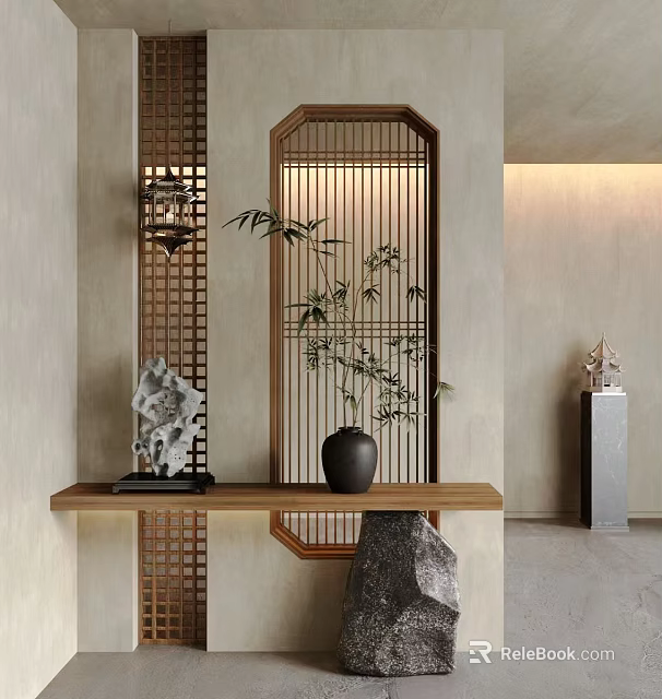 Wooden Lattice Partition With Bamboo Plant Stone Ornaments And Warm Lighting In Modern Interior Design 3d model 