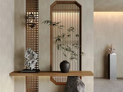 Wooden Lattice Partition With Bamboo Plant Stone Ornaments And Warm Lighting In Modern Interior Design 3d model