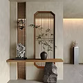 Wooden Lattice Partition With Bamboo Plant Stone Ornaments And Warm Lighting In Modern Interior Design
