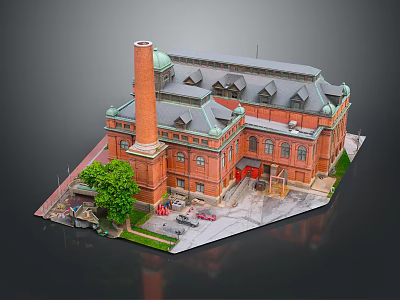 Historic Red Brick Building With Tall Chimney Green Roof Arched Windows And Surrounding Trees 3d model