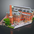 Historic Red Brick Building With Tall Chimney Green Roof Arched Windows And Surrounding Trees