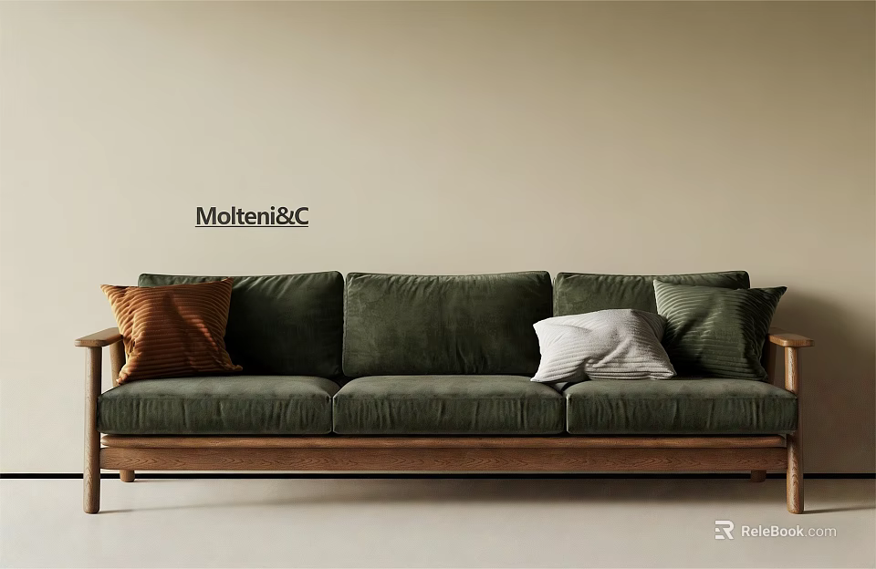 Green Multi seater Sofa With Wooden Frame And Brown White Green Throw Pillows 3d model 