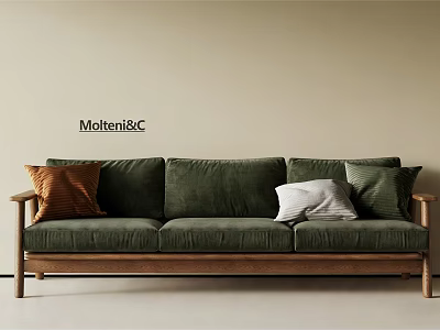 Green Multi seater Sofa With Wooden Frame And Brown White Green Throw Pillows 3d model