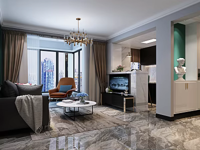 Elegant Modern Living Room Interior With Gold Chandelier Black Sofa Marble Floor And City View 3d model