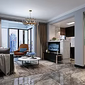 Elegant Modern Living Room Interior With Gold Chandelier Black Sofa Marble Floor And City View
