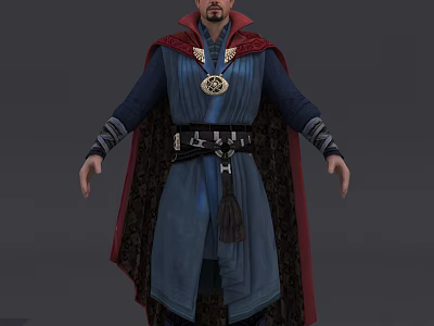 Mystic Wizard Character Wearing Blue Robe Red Cape With Golden Accents And Dragon Companion 3d model