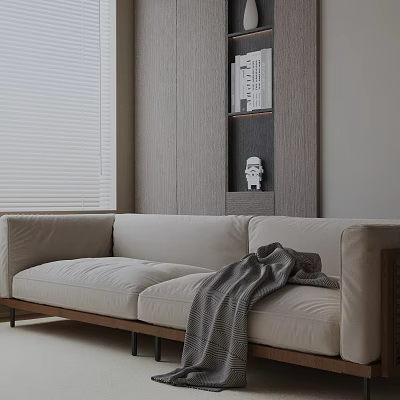 Light Beige Three Seater Sofa With Gray Throw Blanket And Wooden Cabinet 3d model