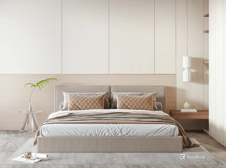 Double Bed in Modern Bedroom with Light Colored Wall Decorative Pillows and Green Plant 3d model 