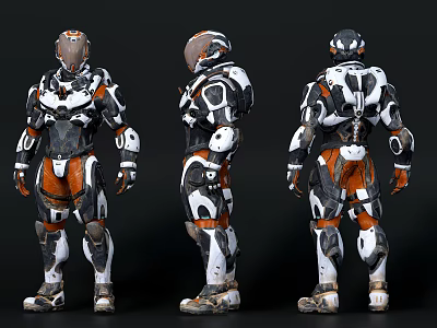 Smart Machine Mechanical Exoskeleton in Three Angles White Black and Orange Detailed Armor 3d model