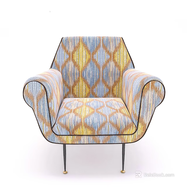 Colorful Geometric Patterned Accent Chair With Curved Arms And Metal Legs 3d model 