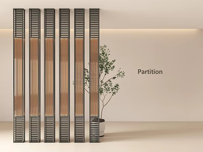 Modern Interior Partition Design With Metal Frame Wooden Slats And Potted Green Plant 3d model