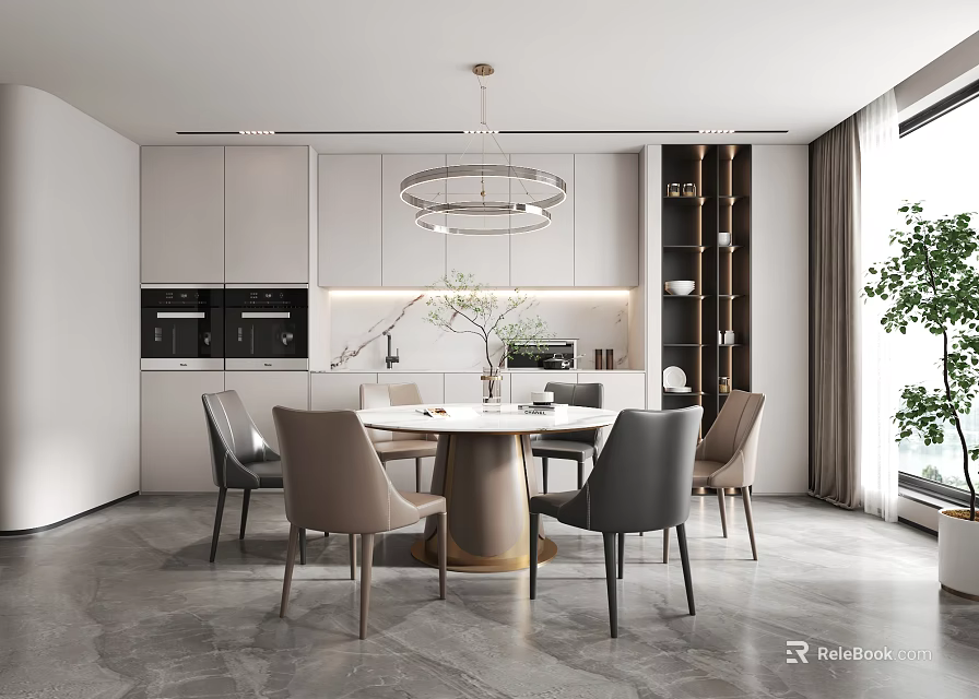 Modern Restaurant Interior With Round Dining Table Pendant Light And White Cabinets 3d model