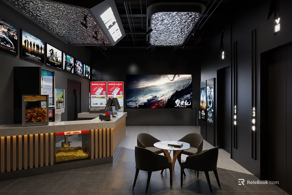Modern Cinema Interior Design With Ticket Counter Movie Posters And Seating Area 3d model 