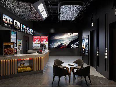 Modern Cinema Interior Design With Ticket Counter Movie Posters And Seating Area 3d model