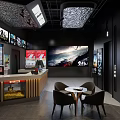 Modern Cinema Interior Design With Ticket Counter Movie Posters And Seating Area