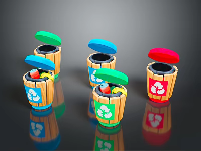 Colorful Recycling Bins With Green Blue Red Lids And Recycle Symbols On Wooden Bodies 3d model