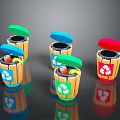 Colorful Recycling Bins With Green Blue Red Lids And Recycle Symbols On Wooden Bodies