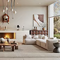 Modern Living Room Interior With Comfy Sofa Fireplace Hanging Lamp And Wooden Coffee Table