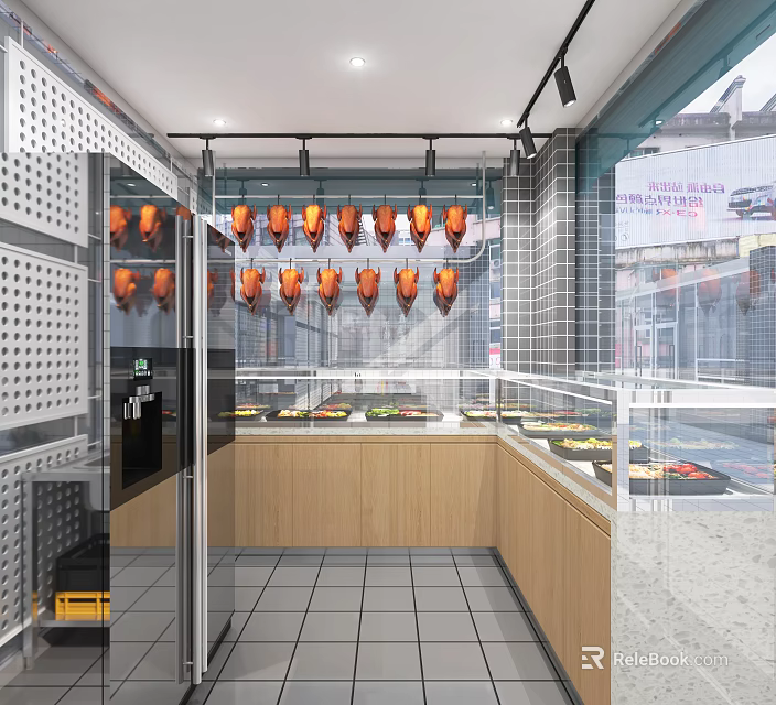 Dessert Shop Interior With Display Cases Wooden Counters And Tile Flooring 3d model 