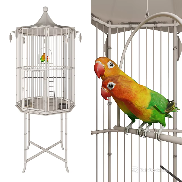 Decorative Ornament Combination With White Metal Birdcage And Colorful Parrot Figurines 3d model 