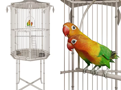 Decorative Ornament Combination With White Metal Birdcage And Colorful Parrot Figurines 3d model