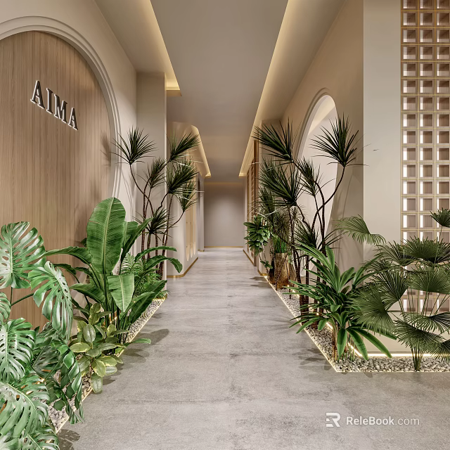Hotel Corridor With Lush Green Plants Wooden Walls And Arched Design Elements 3d model 