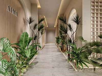 Hotel Corridor With Lush Green Plants Wooden Walls And Arched Design Elements 3d model