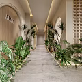 Hotel Corridor With Lush Green Plants Wooden Walls And Arched Design Elements
