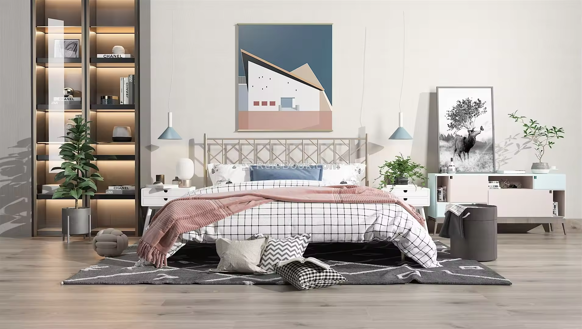Modern background double bed 3d model