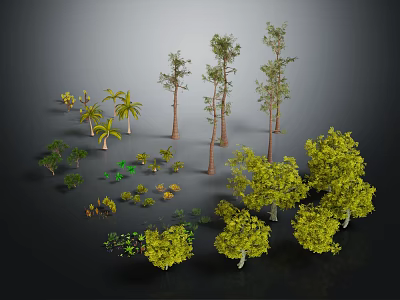 Diverse Plants Including Palm Trees Pine Trees Shrubs and Green Foliage on Black Background 3d model