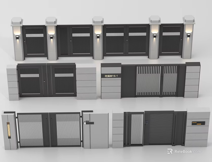 Modern Metal Gates With Various Contemporary Designs Pillar Lights And Striped Panels 3d model 