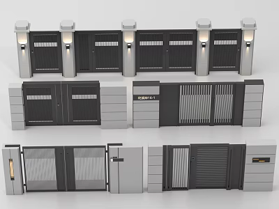 Modern Metal Gates With Various Contemporary Designs Pillar Lights And Striped Panels 3d model