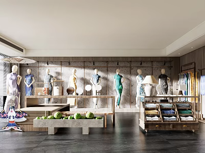 Stylish Clothing Store Interior With Mannequins Clothing Displays And Wooden Decorative Shelves 3d model