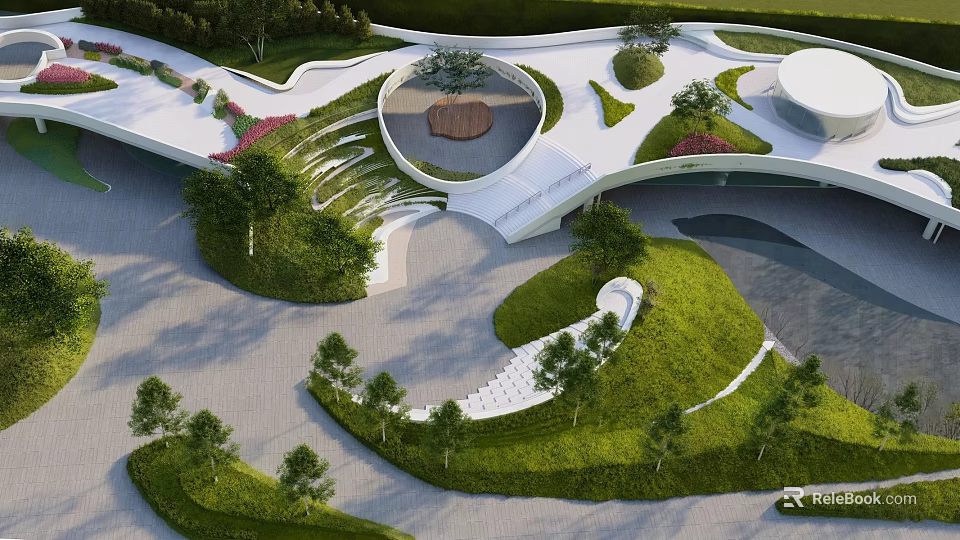 Modern Park Landscape Design With Winding Paths Green Lawns And Circular Seating Area 3d model 