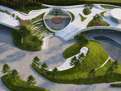Modern Park Landscape Design With Winding Paths Green Lawns And Circular Seating Area 3d model