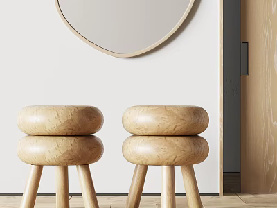 Two Round Wooden Stools With Circular Mirror White Wall And Wooden Floor 3d model
