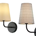 Pair of Modern Wall Lamps with Beige Fabric Shades and Black Metal Brackets