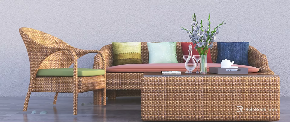 Woven Rattan Sofa and Coffee Table Set with Colorful Cushions Vase and Books 3d model 