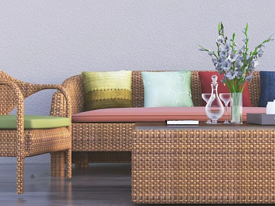 Woven Rattan Sofa and Coffee Table Set with Colorful Cushions Vase and Books 3d model