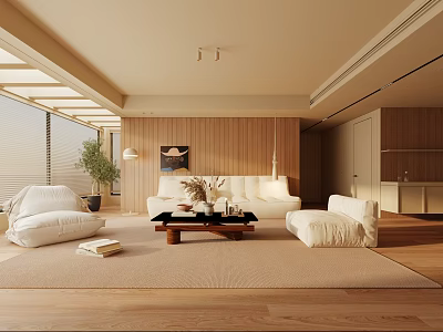 Modern Living Room Interior Design With White Sofas Wooden Walls And Coffee Table 3d model