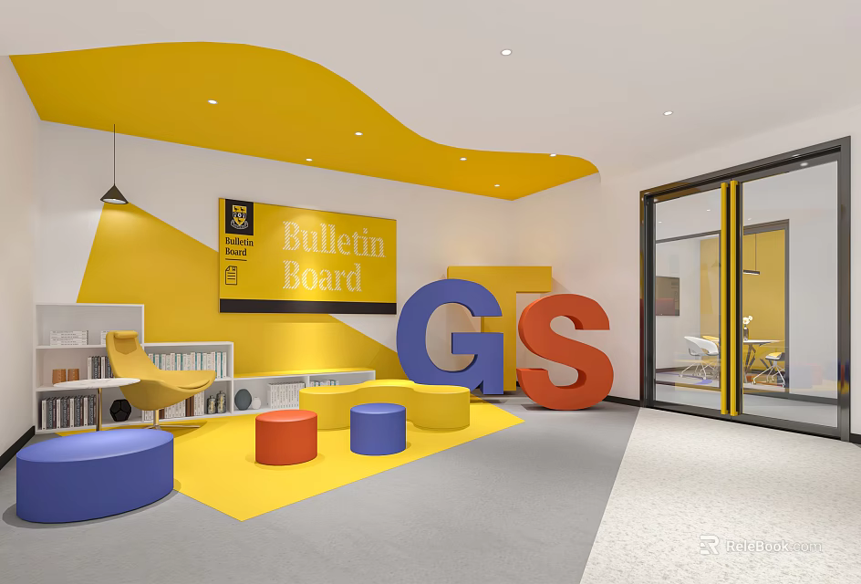 Vibrant Activity Space With Yellow Curved Ceiling Bulletin Board Large GS Letters And Colorful Cushions 3d model 