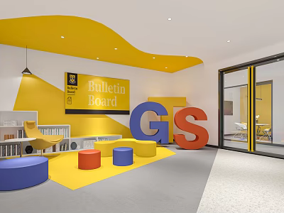 Vibrant Activity Space With Yellow Curved Ceiling Bulletin Board Large GS Letters And Colorful Cushions 3d model